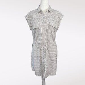 Express Button Front Shirt Dress Belted Short Sleeve White Gray Small